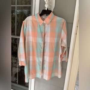 ALIA Blouse Women's 18 W Plaid Checked Button Up Collared 3/4 Sleeve Shirt Top